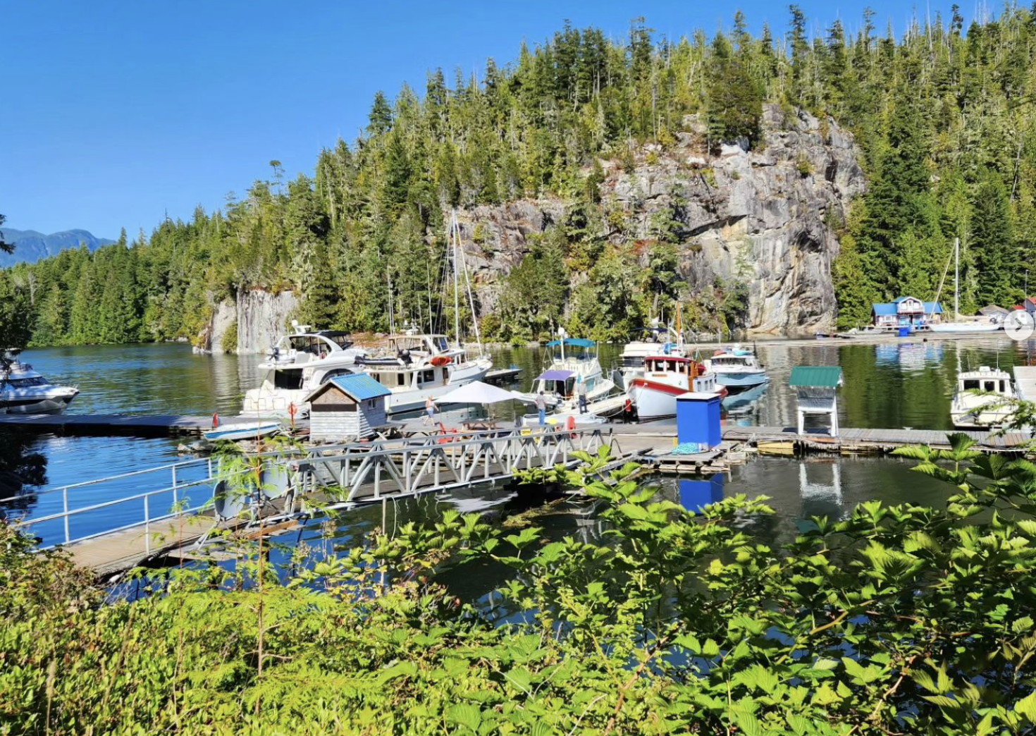 Summer view of Ḵ̓wax̱wa̱lawadi, Echo Bay Marina & Lodge